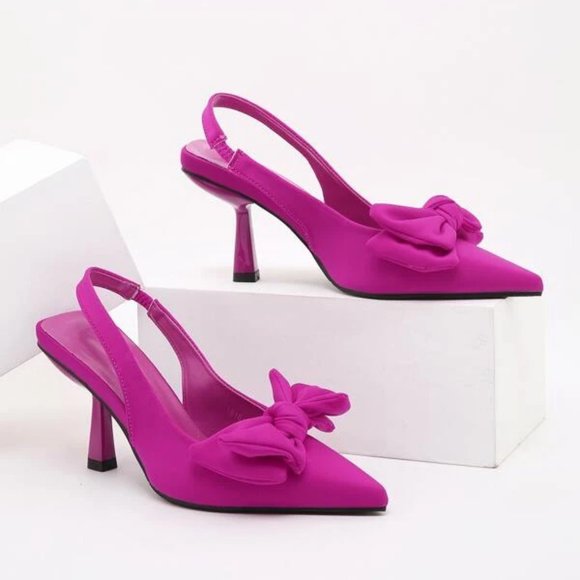 Pink Bow Detail Slingback Classy High Heeled Pumps - Picture 6 of 6
